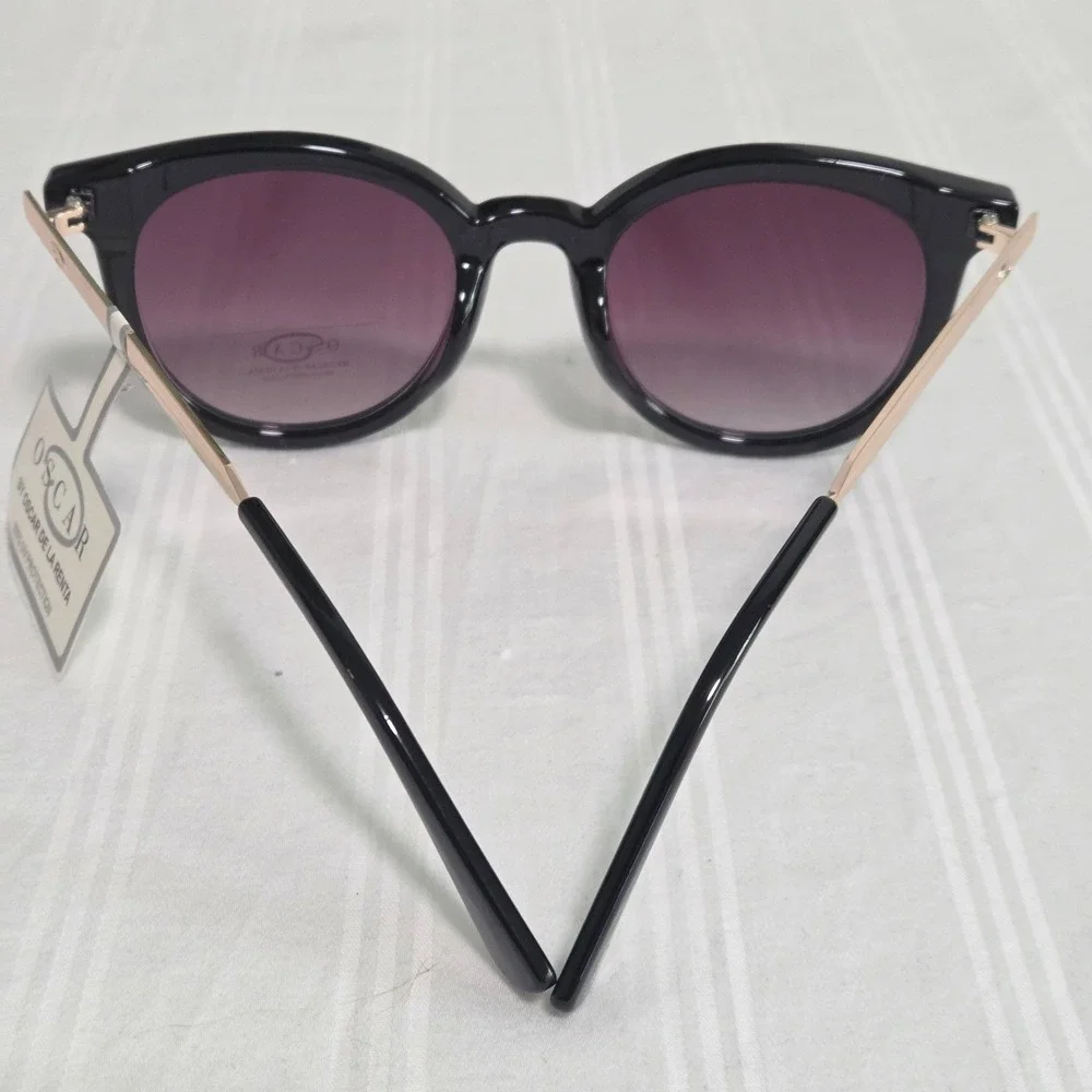 Oscar by Oscar de la Renta Womens Black Round Cat Eye Sunglasses Gold Temples